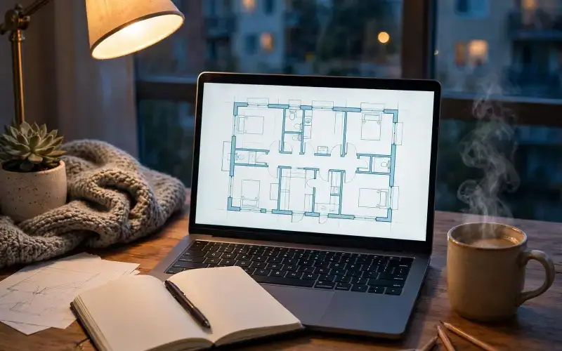 Laptop showing a home floor plan on a desk with a lamp, notebook, and coffee mug
