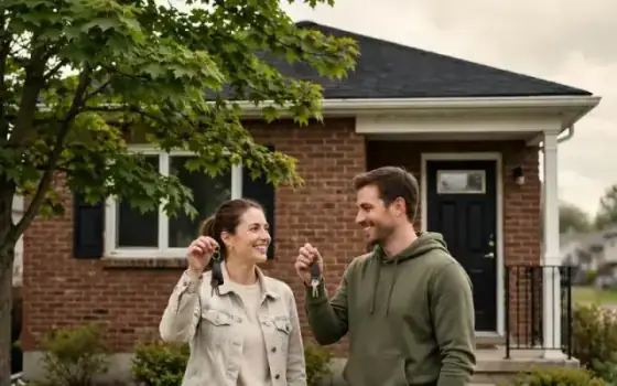 Couple holding house keys in front of a brick bungalow