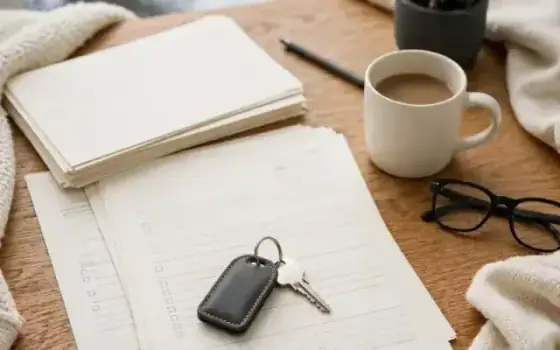 House keys on mortgage paperwork beside a coffee mug
