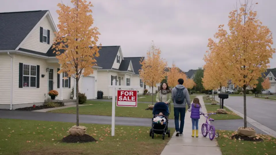 Family walking a sidewalk past a For Sale sign on a maple-lined Canadian street