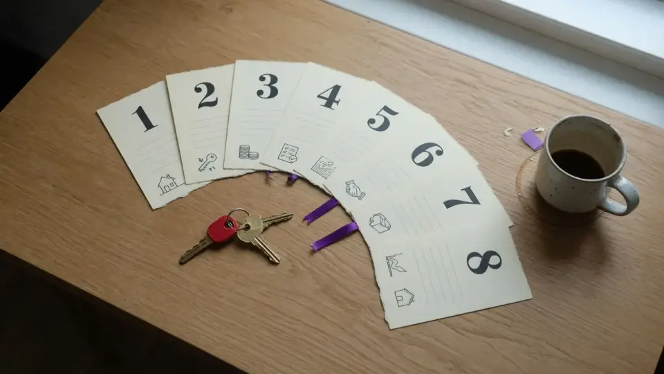Eight numbered First Home Guide module cards on a desk with house keys