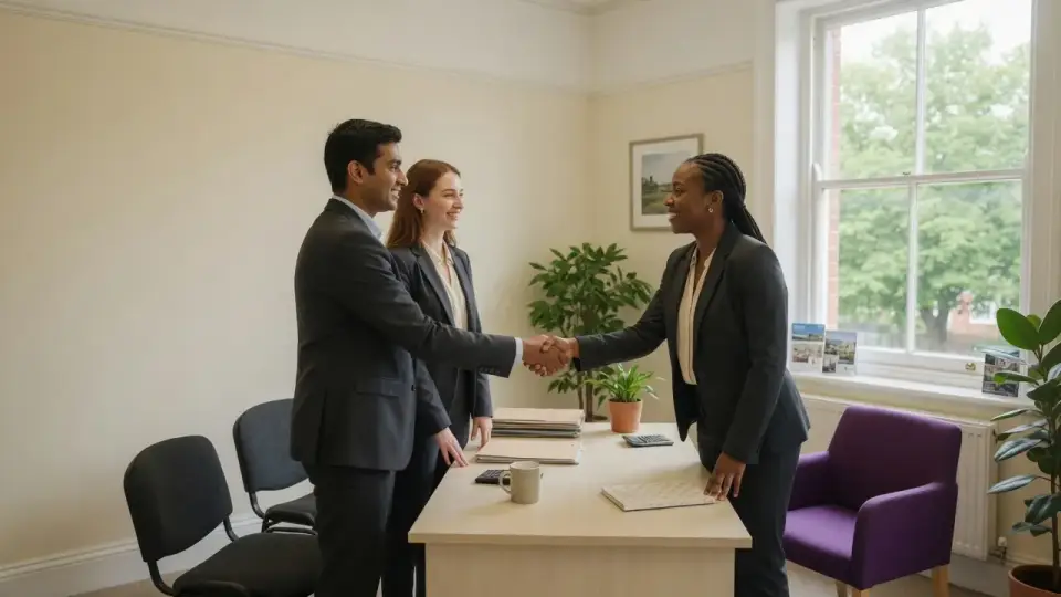 Mortgage advisor shaking hands with first-time buyers in an office