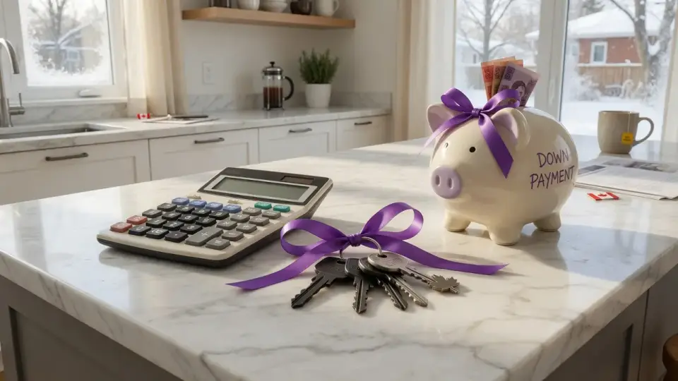 Calculator, house keys, and a piggy bank labelled Down Payment on a kitchen island