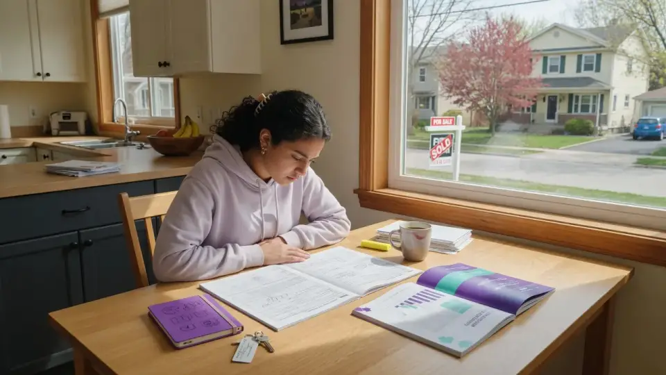 First-time buyer reviewing savings worksheets at a kitchen table, with a For Sale home outside