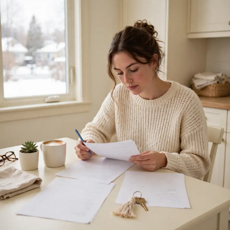 Woman reviewing home-buying paperwork at a kitchen table with house keys
