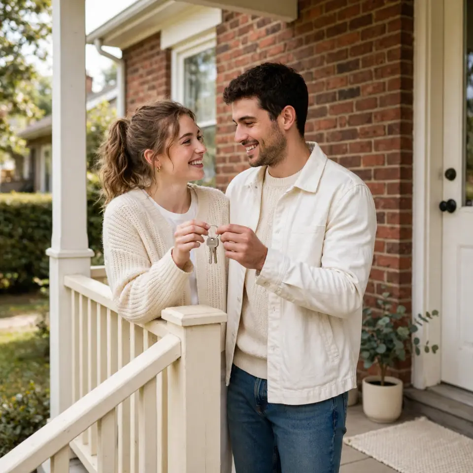 First-time buyers on the porch of a Canadian starter home with keys in hand