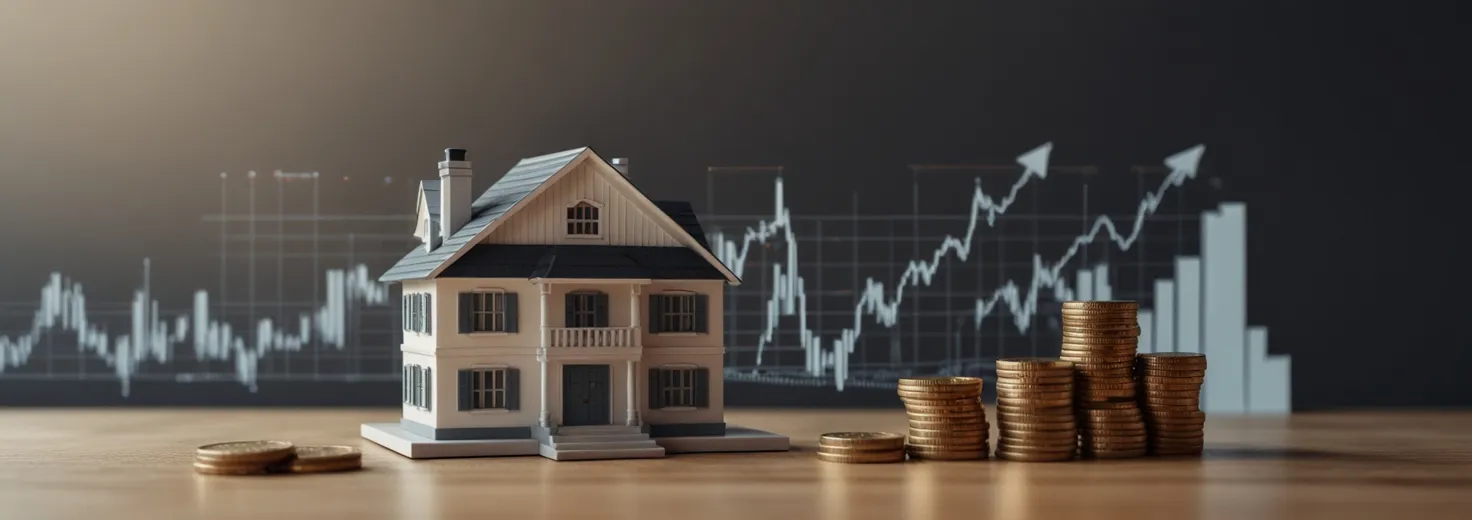 House balanced on a scale against stacked coins with financial charts