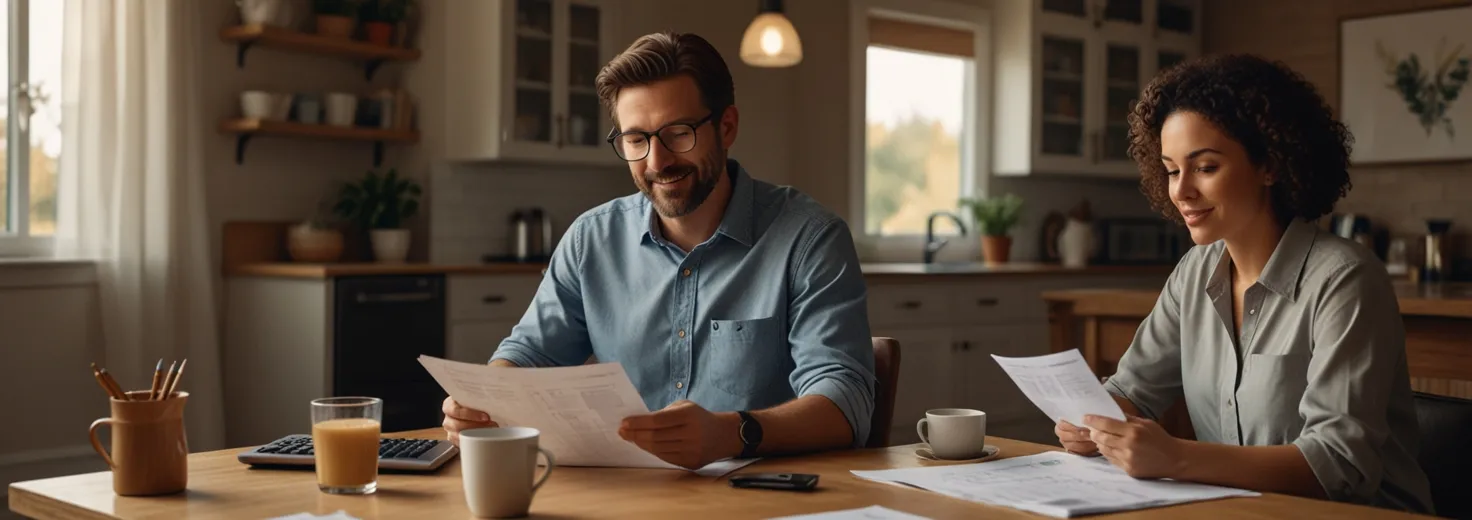 Canadian couple reviewing mortgage documents at kitchen table with calculator and laptop