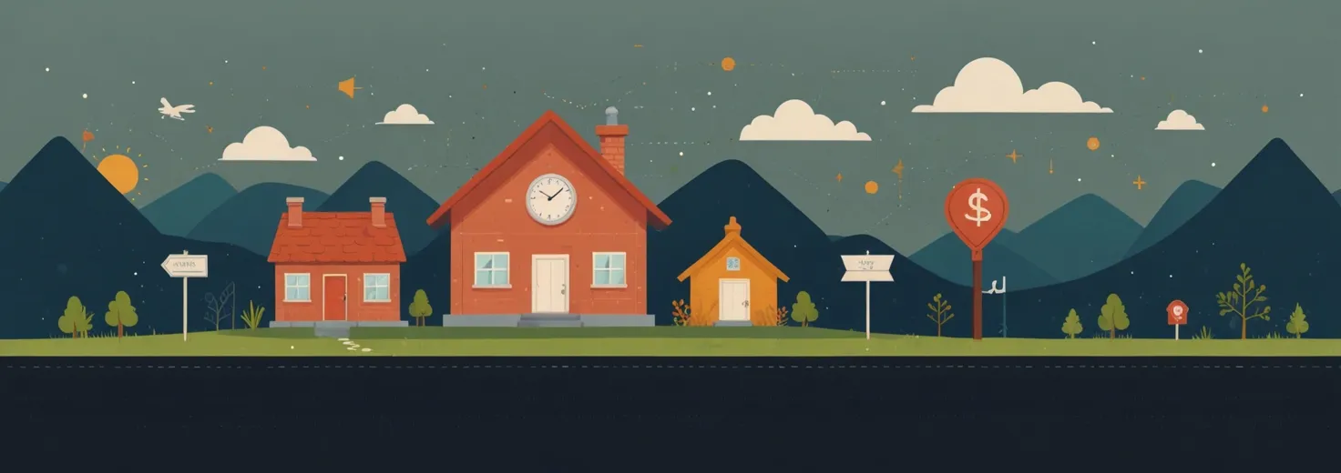 Timeline roadmap from piggy bank savings to house keys with milestone dots